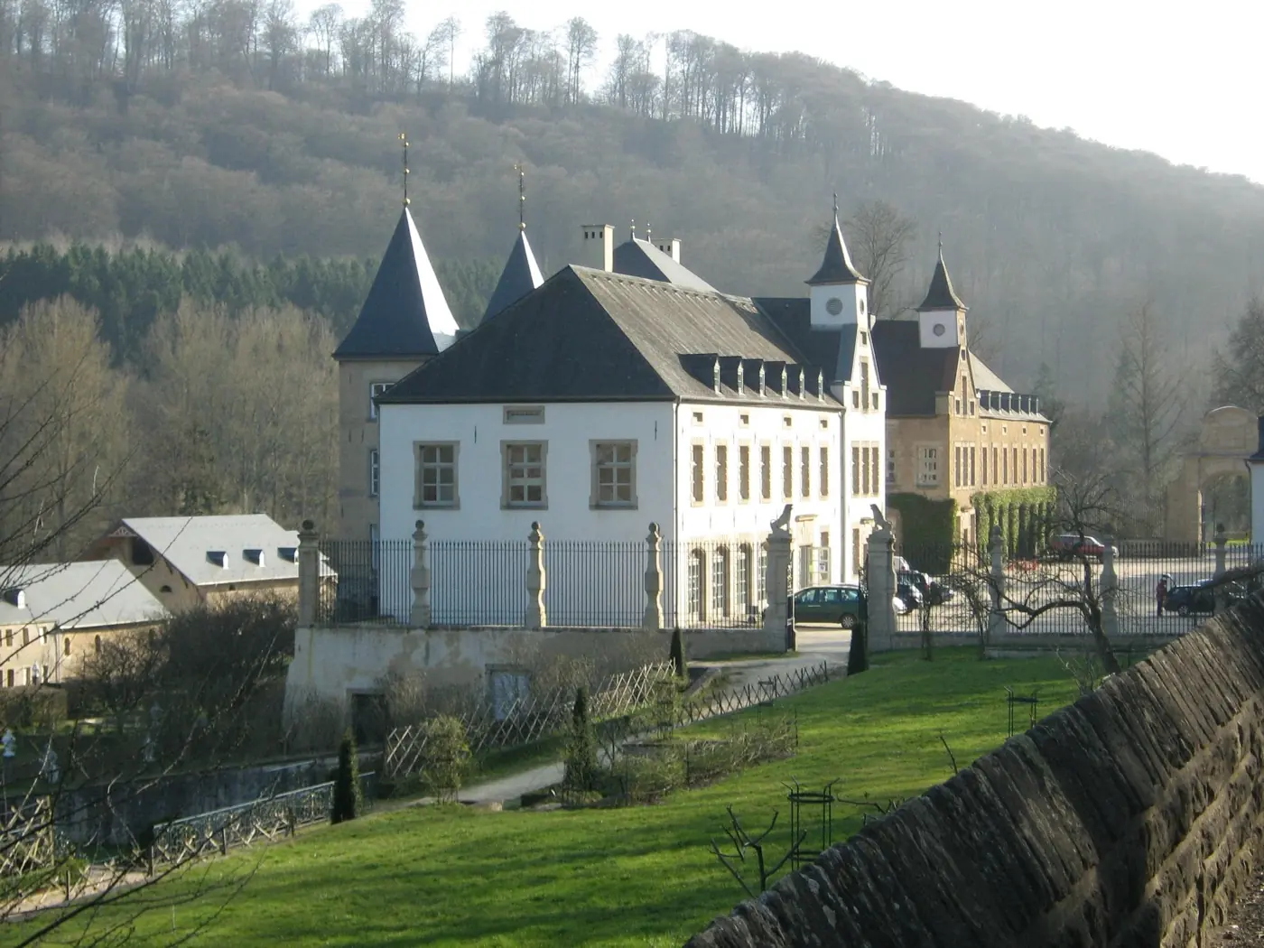 Exterior view of Ansembourg Castle, a grand castle in Ansembourg, Luxembourg