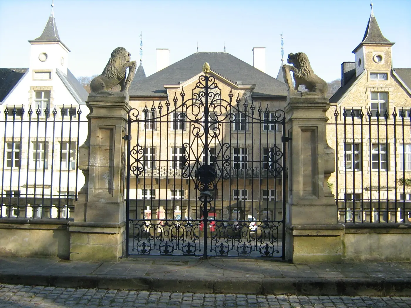 Historic facade and architectural details of Ansembourg Castle in Ansembourg, Luxembourg