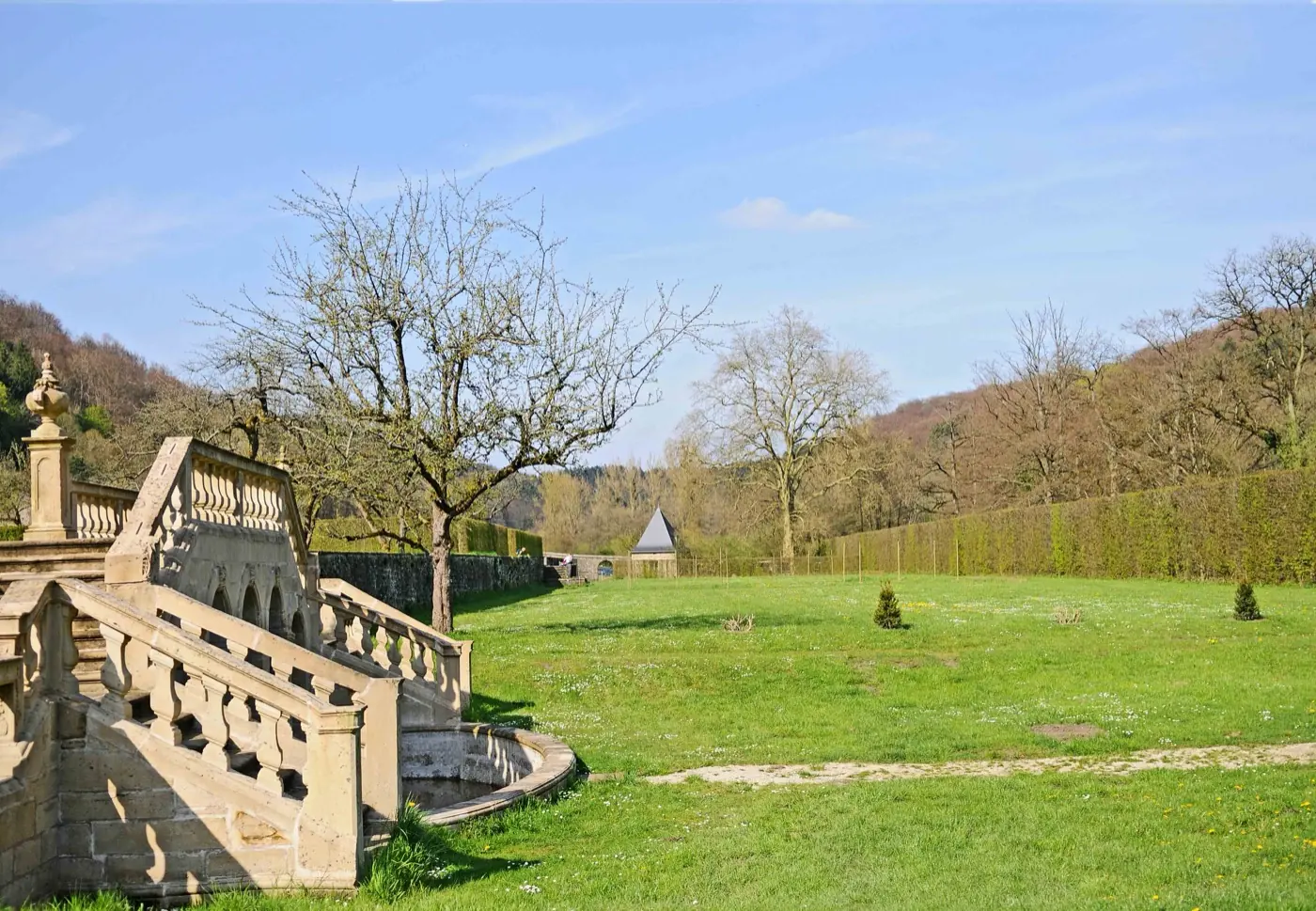 Castle route view of Ansembourg Castle and its surroundings in Ansembourg, Luxembourg