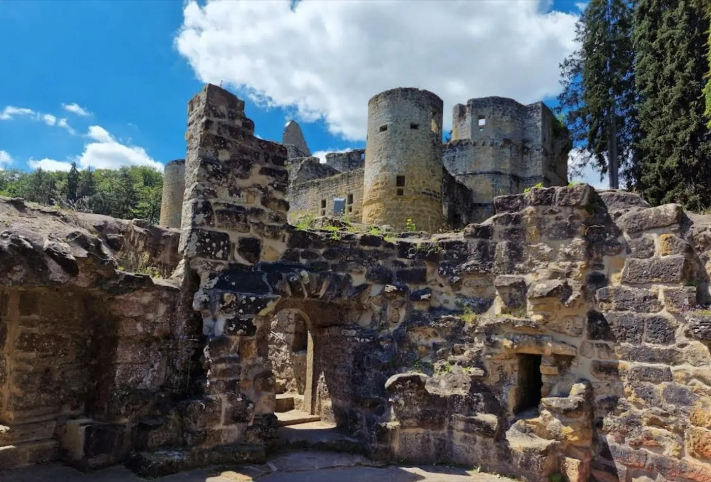 Historic facade and architectural details of Beaufort Castle in Beaufort, Luxembourg