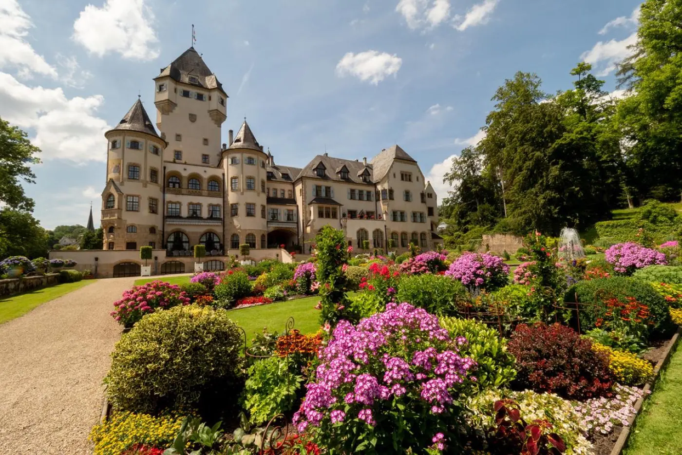 Historic facade and architectural details of Berg Castle in Colmar-Berg, Luxembourg