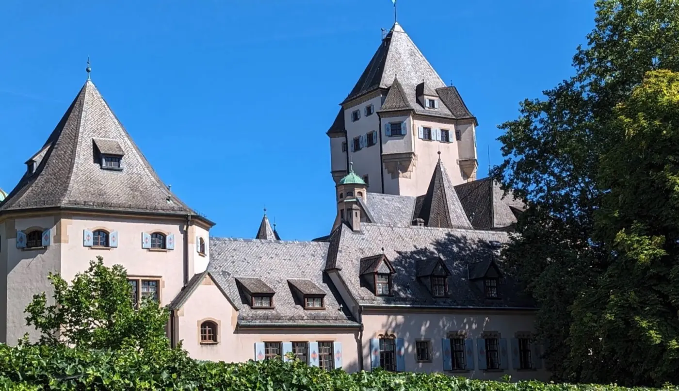 Stonework and visitor view of Berg Castle, a grand castle in Colmar-Berg, Luxembourg