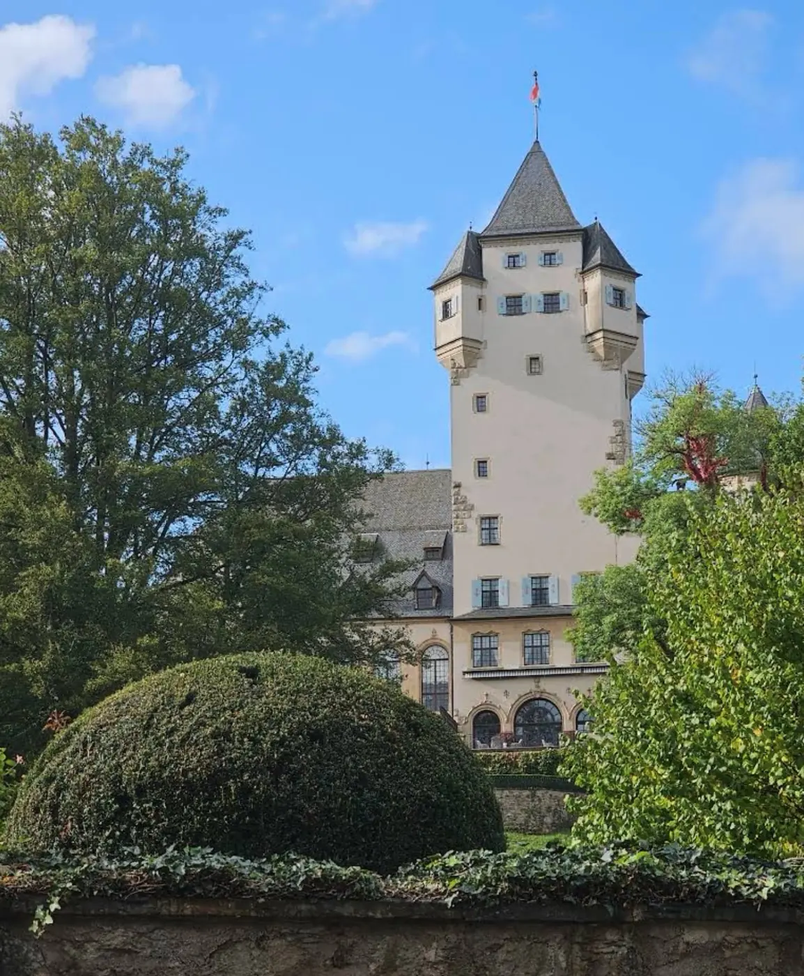 Additional exterior perspective of Berg Castle in Colmar-Berg, Luxembourg