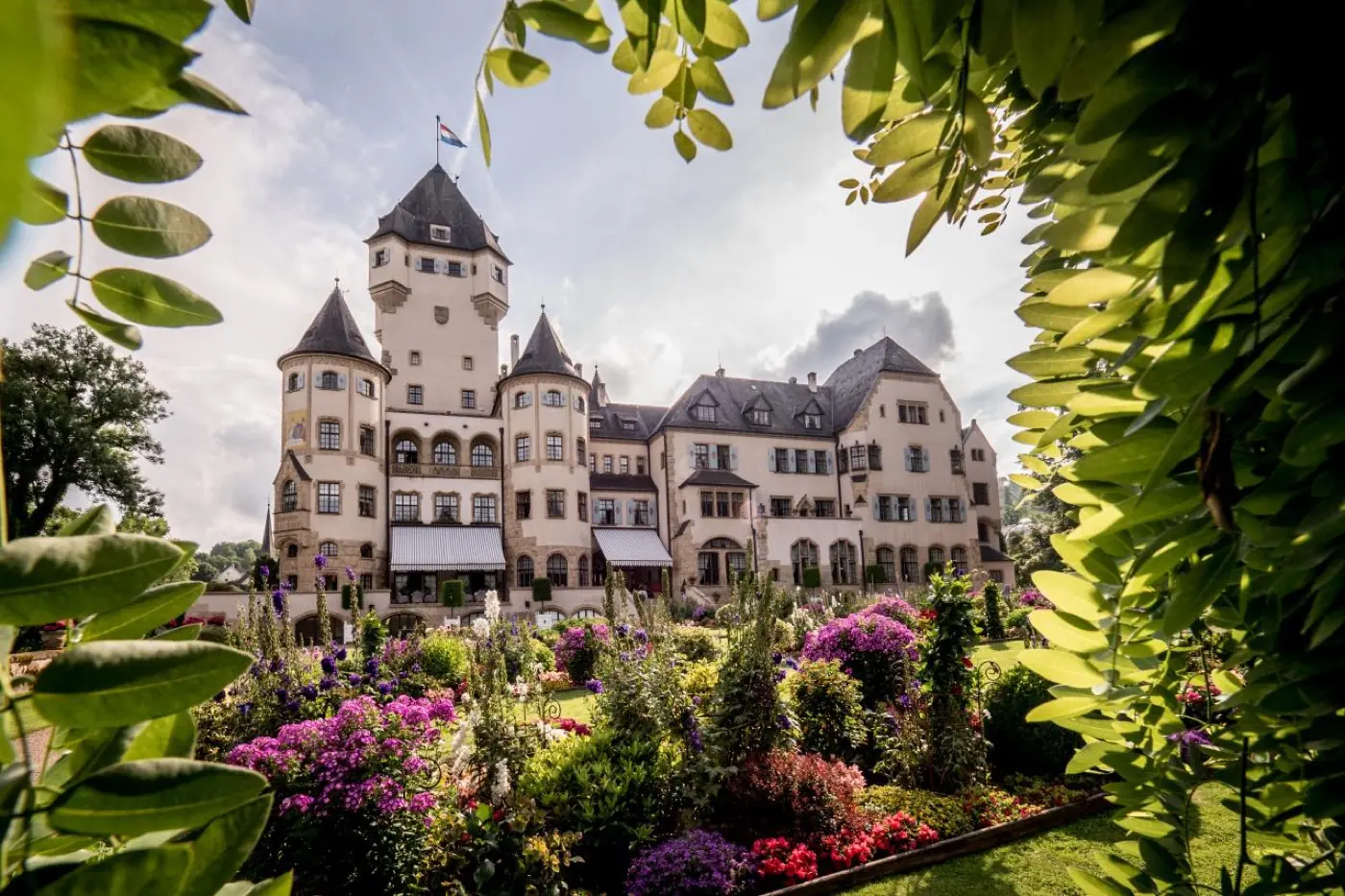 Main exterior view of Berg Castle, a grand castle in Colmar-Berg, Luxembourg