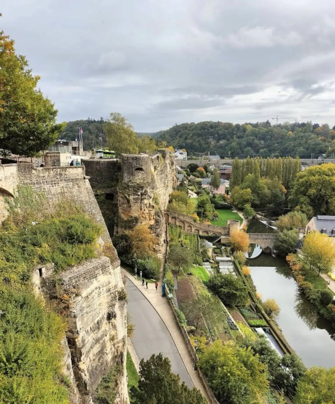 Stonework and visitor view of Casemates du Bock, a ruin in Luxembourg, Luxembourg