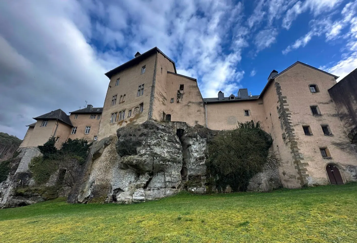 Historic facade and architectural details of Bourglinster Castle in Bourglinster, Luxembourg