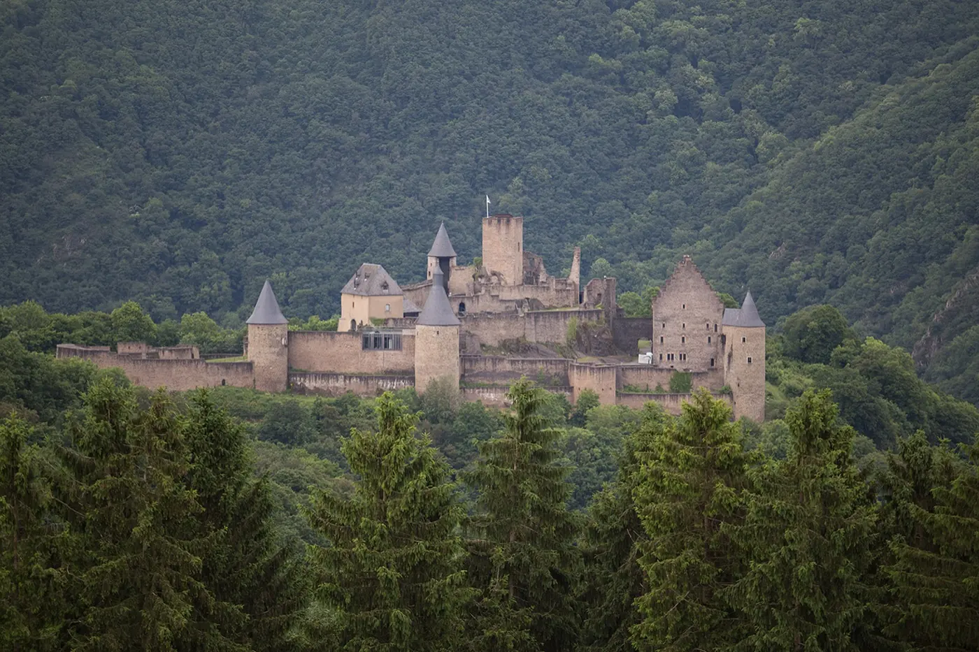 Exterior view of Bourscheid Castle, a ruin in Bourscheid, Luxembourg