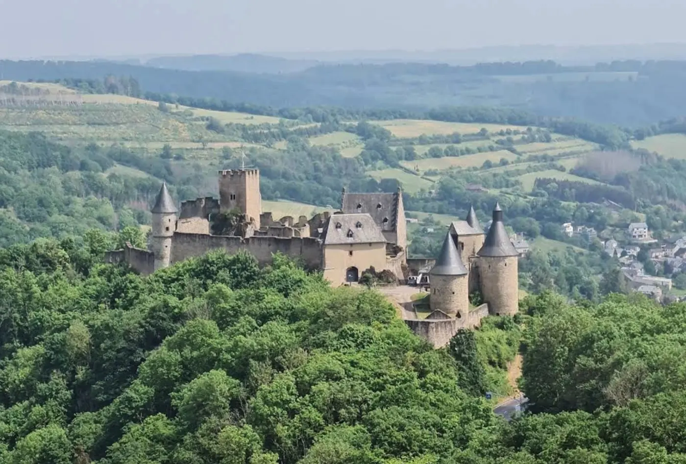 Historic facade and architectural details of Bourscheid Castle in Bourscheid, Luxembourg