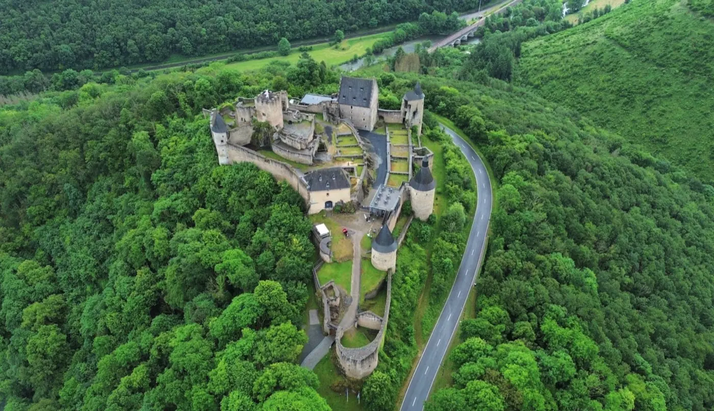 Approach to Bourscheid Castle showing its setting in Bourscheid, Luxembourg