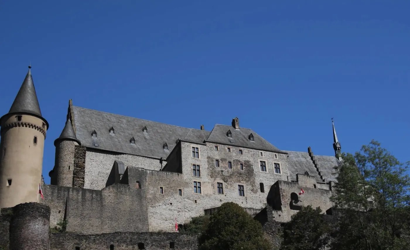 Stonework and visitor view of Bourscheid Castle, a ruin in Bourscheid, Luxembourg