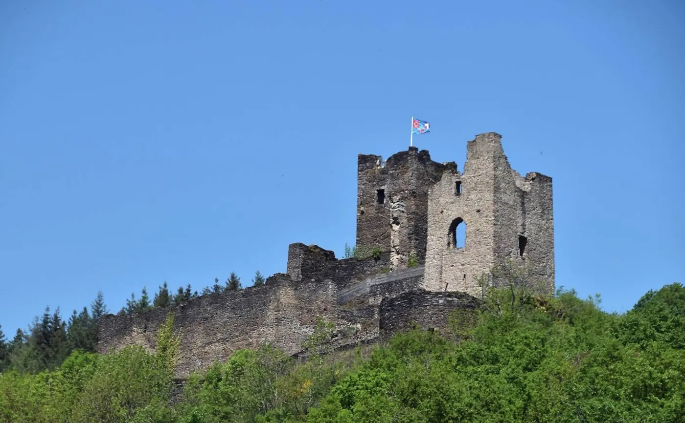 Historic facade and architectural details of Brandenbourg Castle in Brandenbourg, Luxembourg