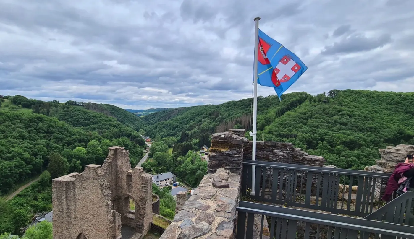 Approach to Brandenbourg Castle showing its setting in Brandenbourg, Luxembourg