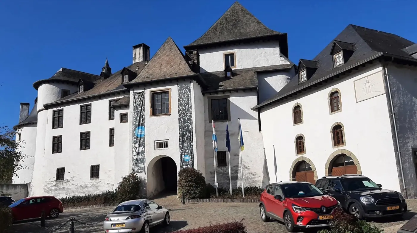 Historic facade and architectural details of Clervaux Castle in Clervaux, Luxembourg