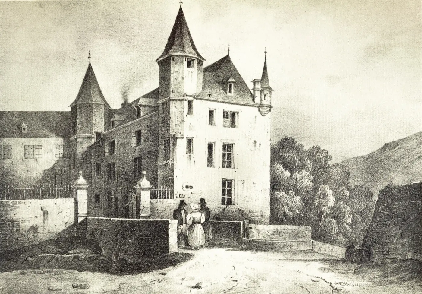 Historic facade and architectural details of Differdange Castle in Differdange, Luxembourg