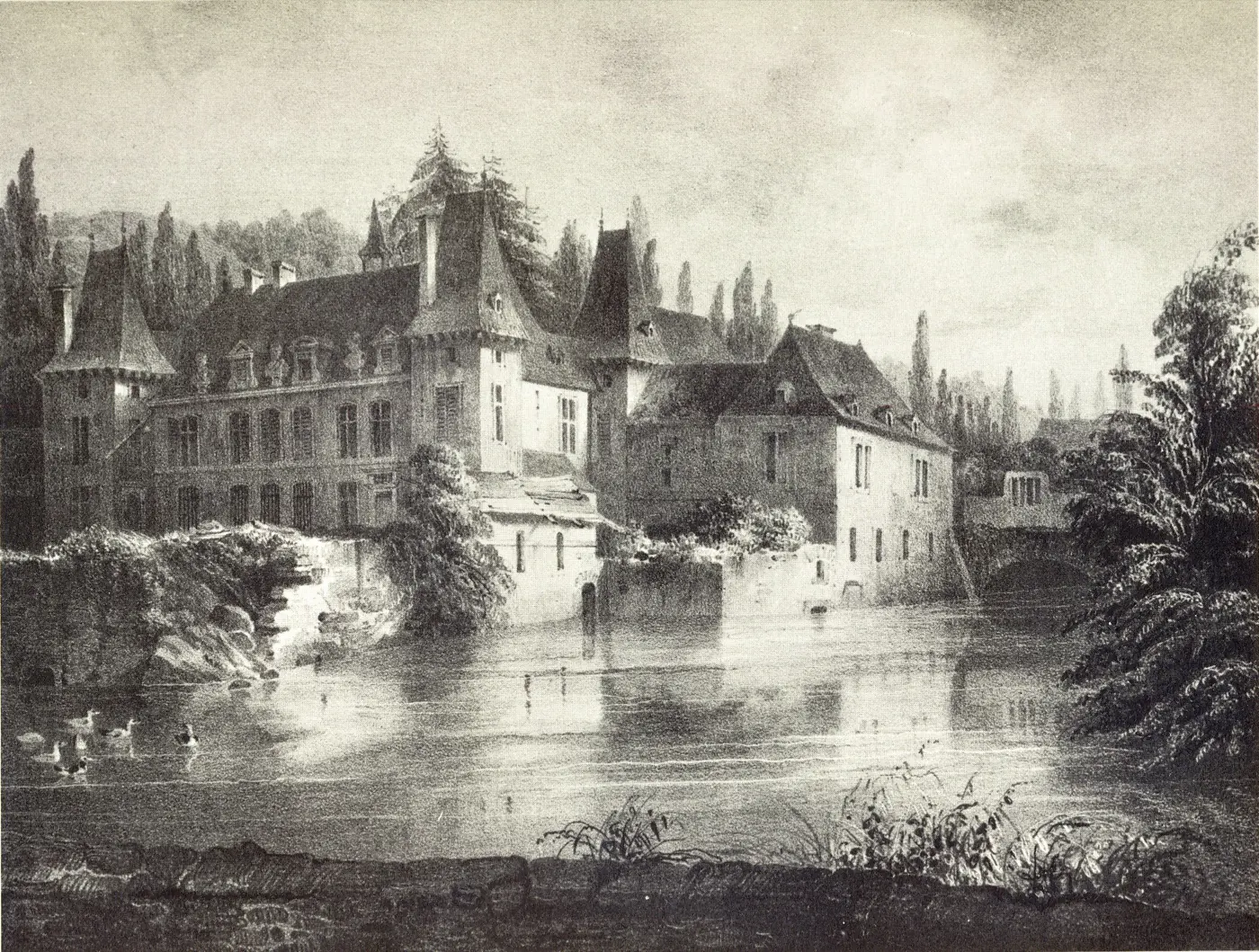 Historic facade and architectural details of Dommeldange Castle in Dommeldange, Luxembourg