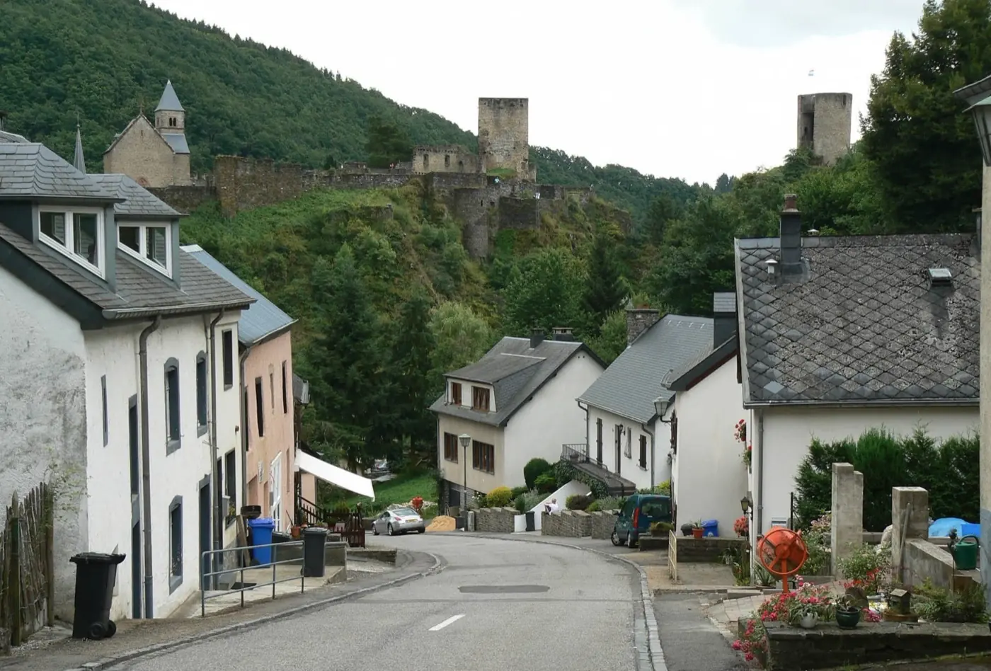 Grounds and surrounding landscape at Esch-sur-Sûre Castle in Esch-sur-Sûre, Luxembourg