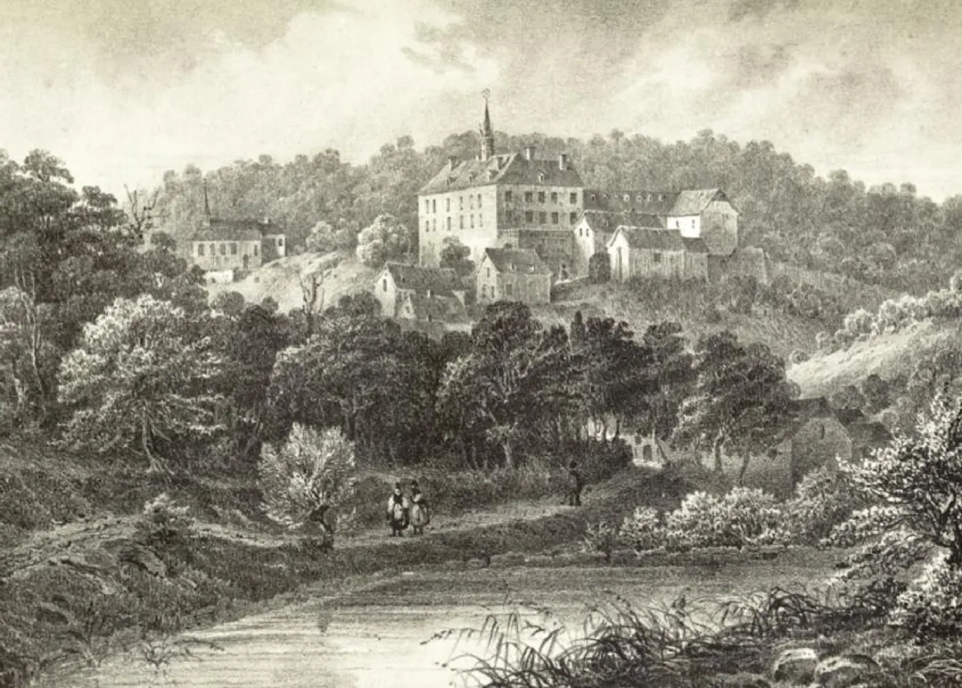 Stonework and visitor view of Fischbach Castle, a castle in Luxembourg City, Luxembourg