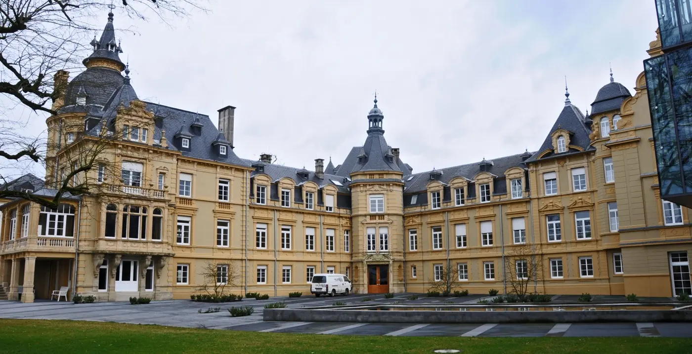 Exterior view of Heisdorf Castle, a palace in Heisdorf, Luxembourg