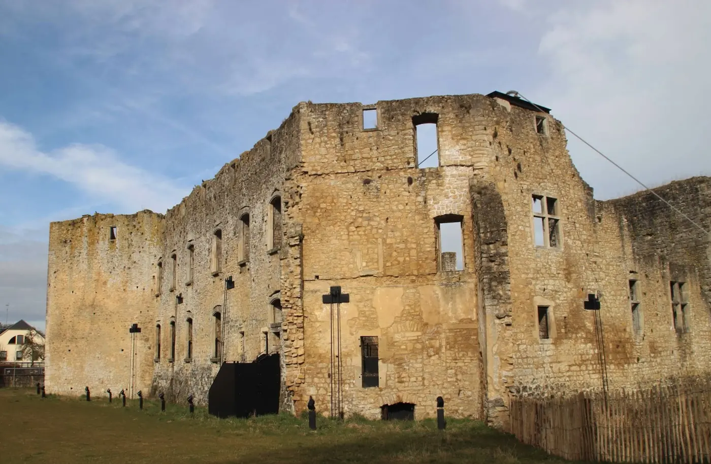 Exterior view of Koerich Castle, a ruin in Koerich, Luxembourg