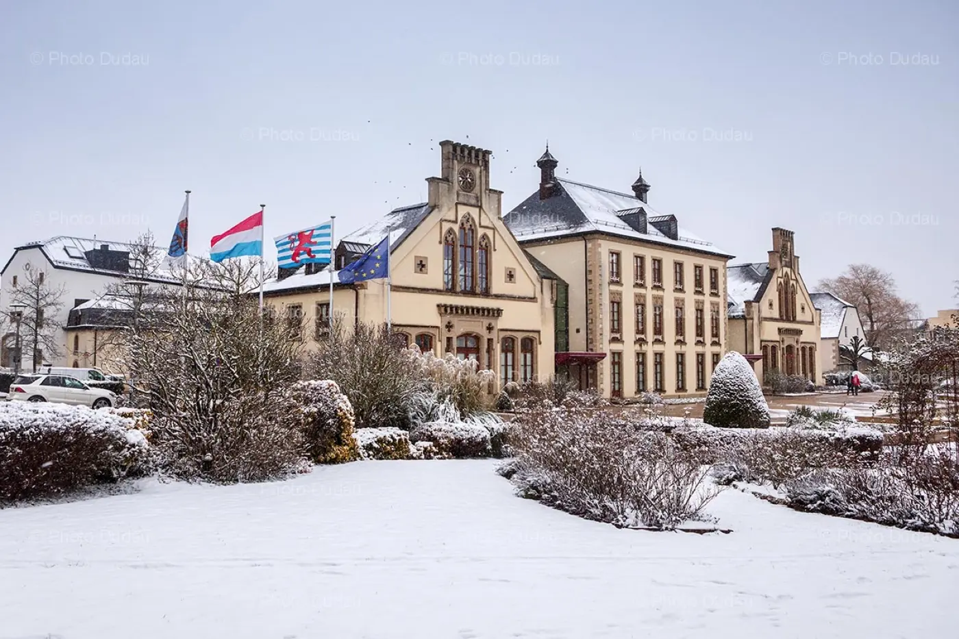 Historic facade and architectural details of Mamer Castle in Luxembourg City, Luxembourg