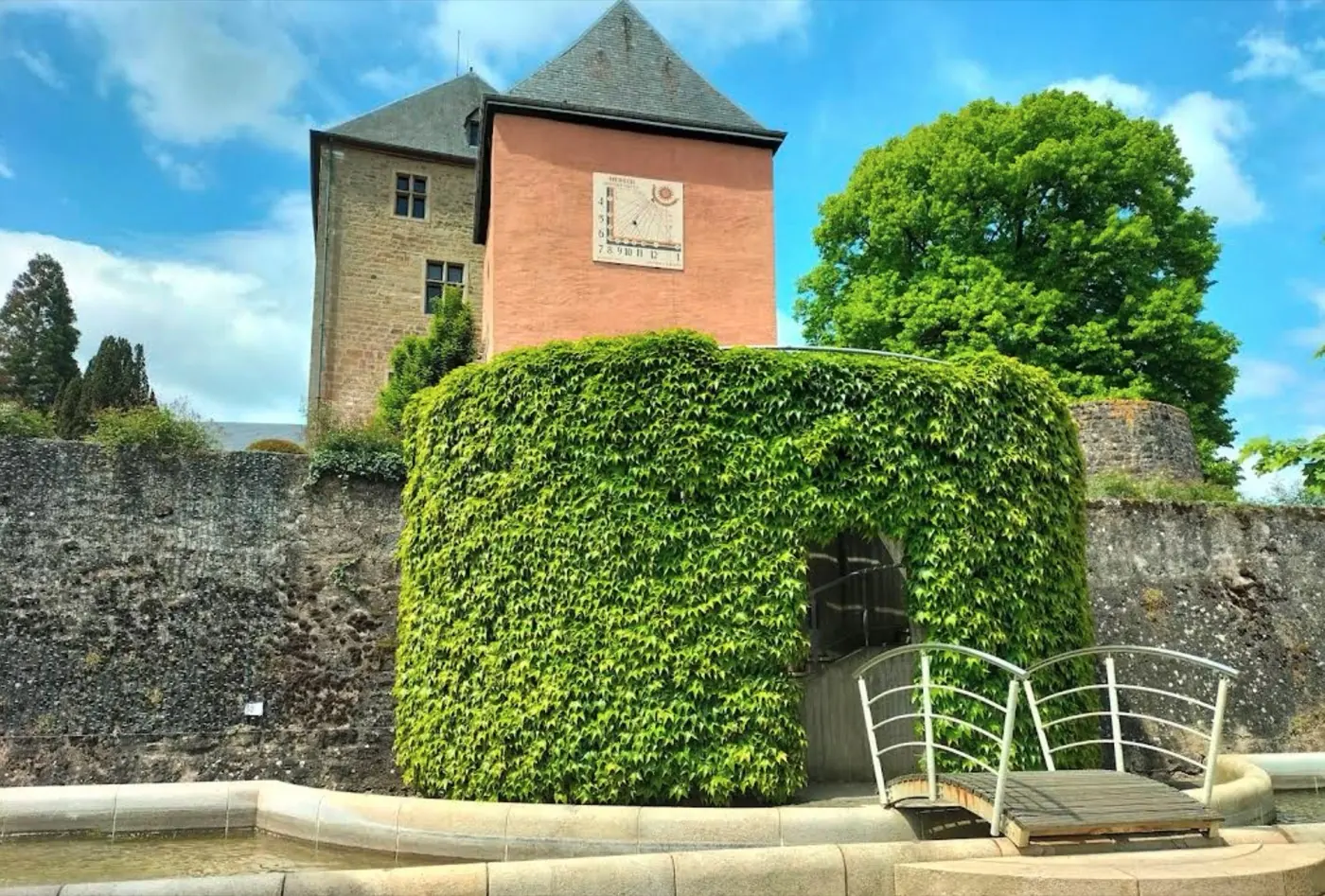 Historic facade and architectural details of Mersch Castle in Mersch, Luxembourg