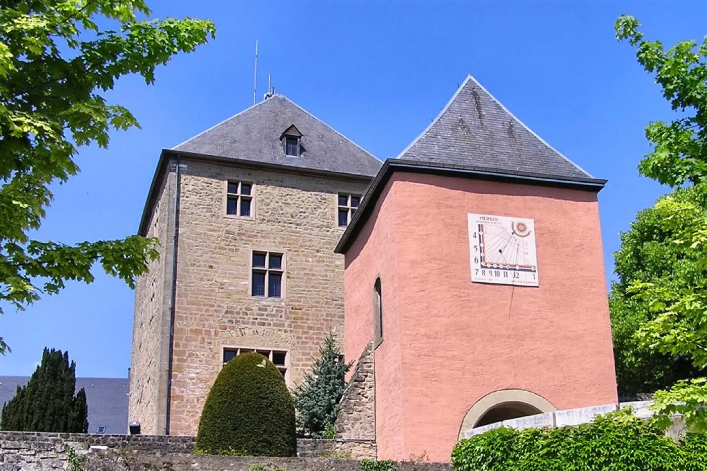 Main exterior view of Mersch Castle, a castle in Mersch, Luxembourg