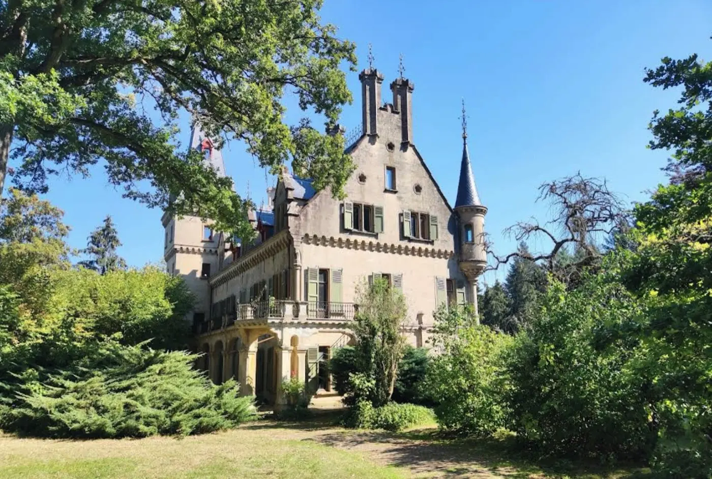 Grounds and surrounding landscape at Meysembourg Castle in Larochette, Luxembourg