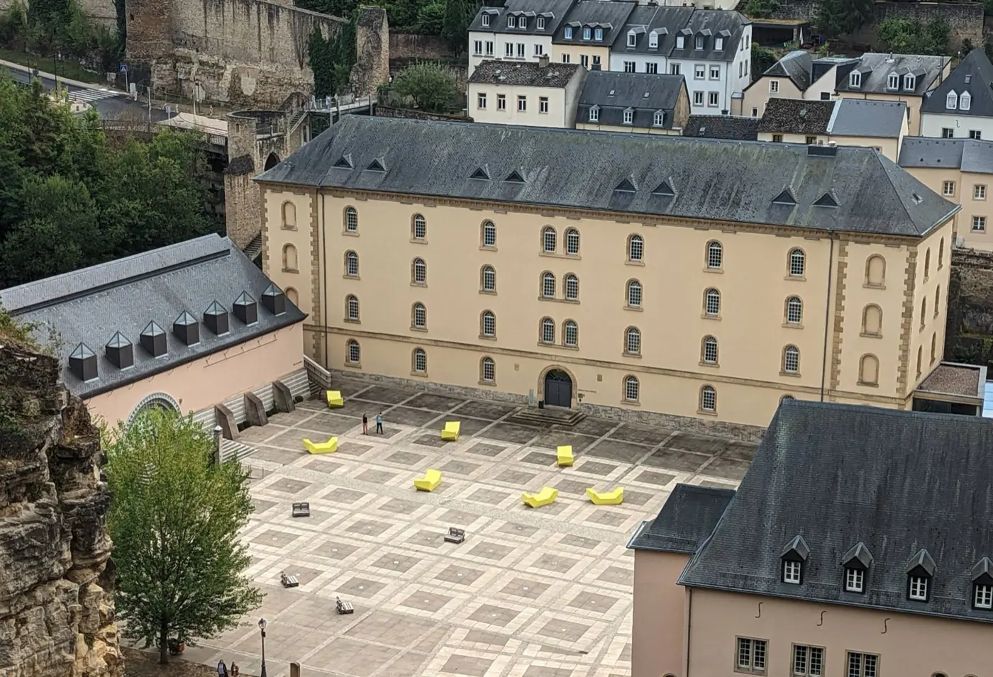 Stonework and visitor view of Neumünster Abbey, a palace in Luxembourg, Luxembourg