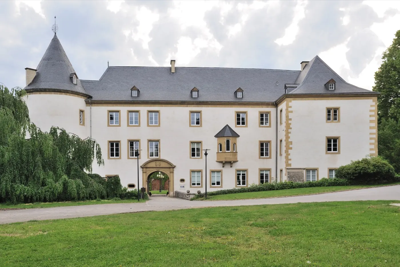Main exterior view of Sanem Castle, a castle in Sanem, Luxembourg