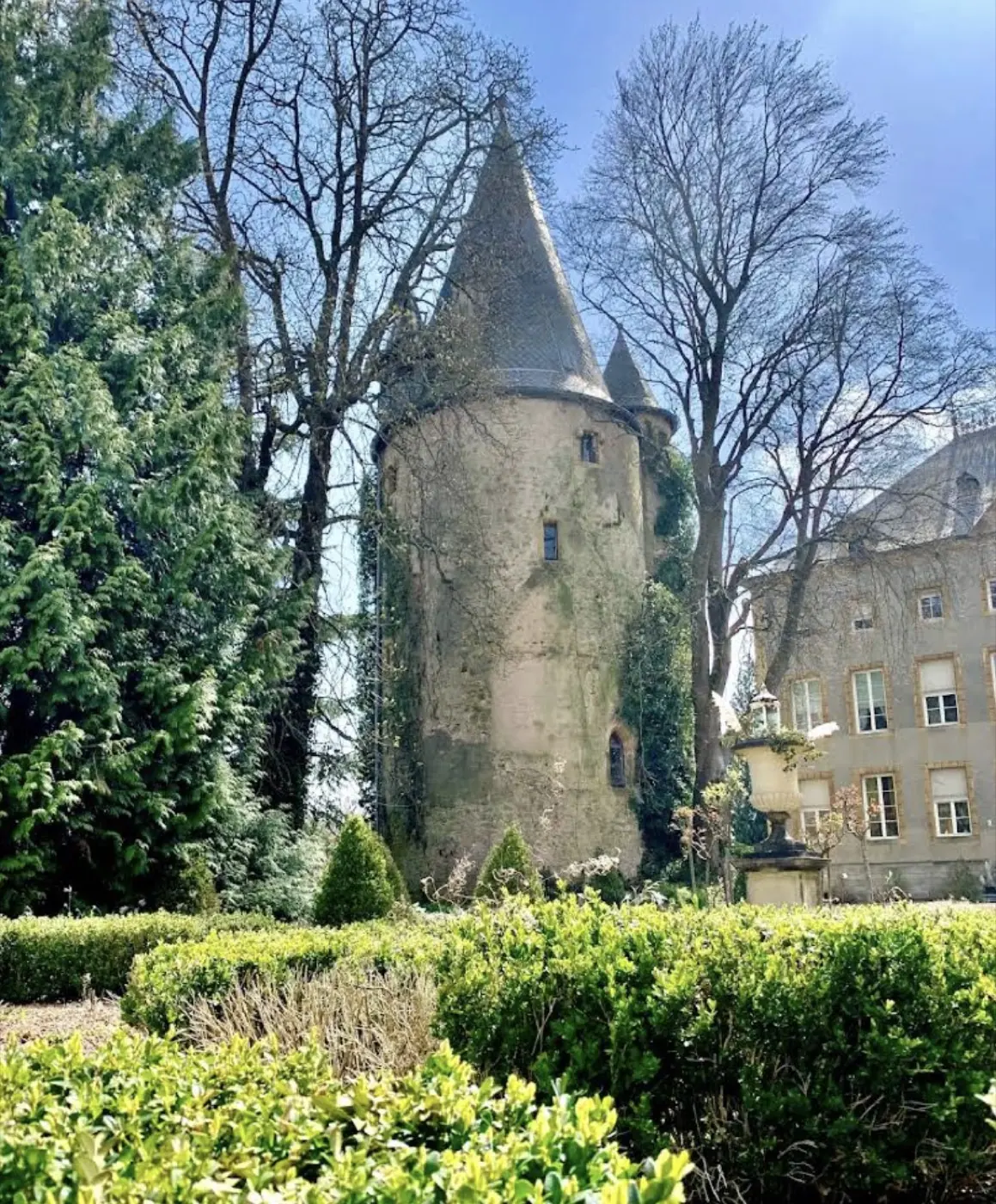 Historic facade and architectural details of Schengen Castle in Schengen, Luxembourg