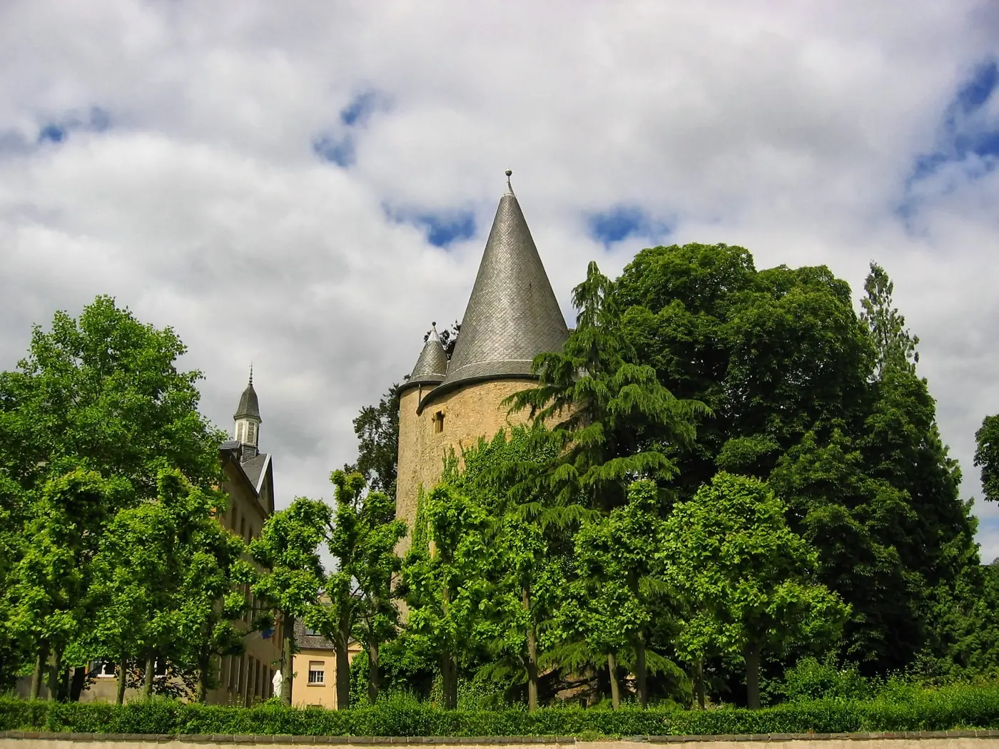 Main exterior view of Schengen Castle, a palace in Schengen, Luxembourg