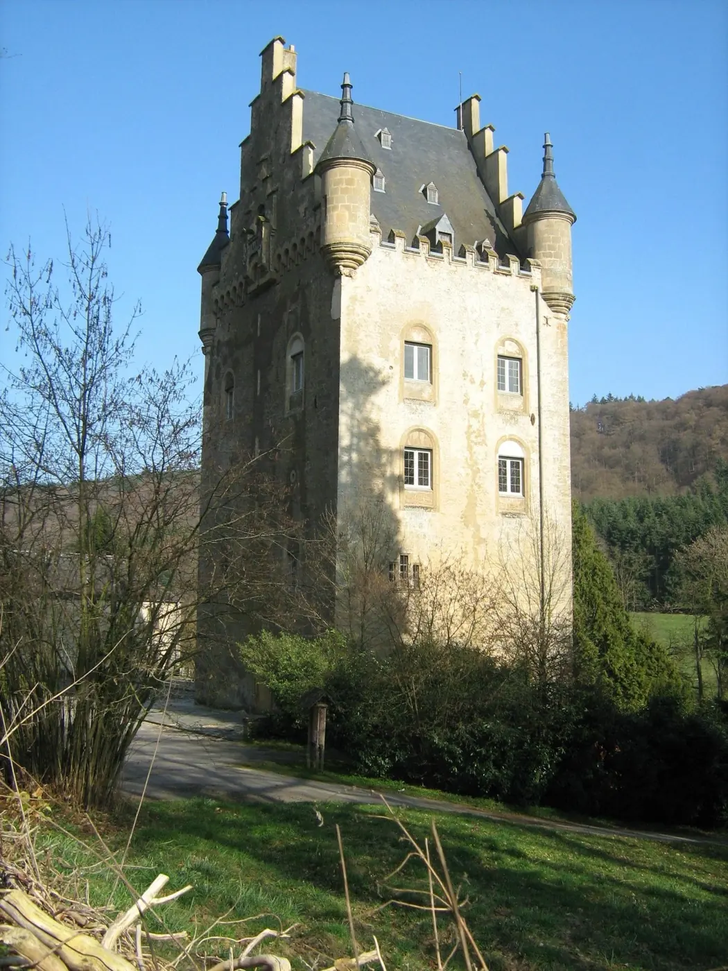 Exterior view of Schoenfels castle, a castle in Mersch, Luxembourg