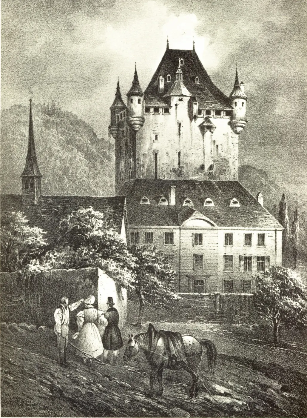 Grounds and surrounding landscape at Schoenfels castle in Mersch, Luxembourg