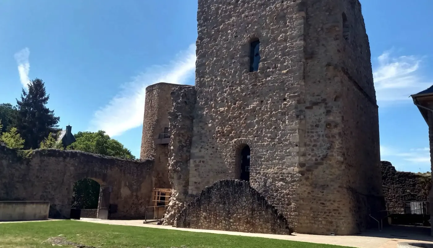 Stonework and visitor view of Useldange Castle, a ruin in Useldange, Luxembourg