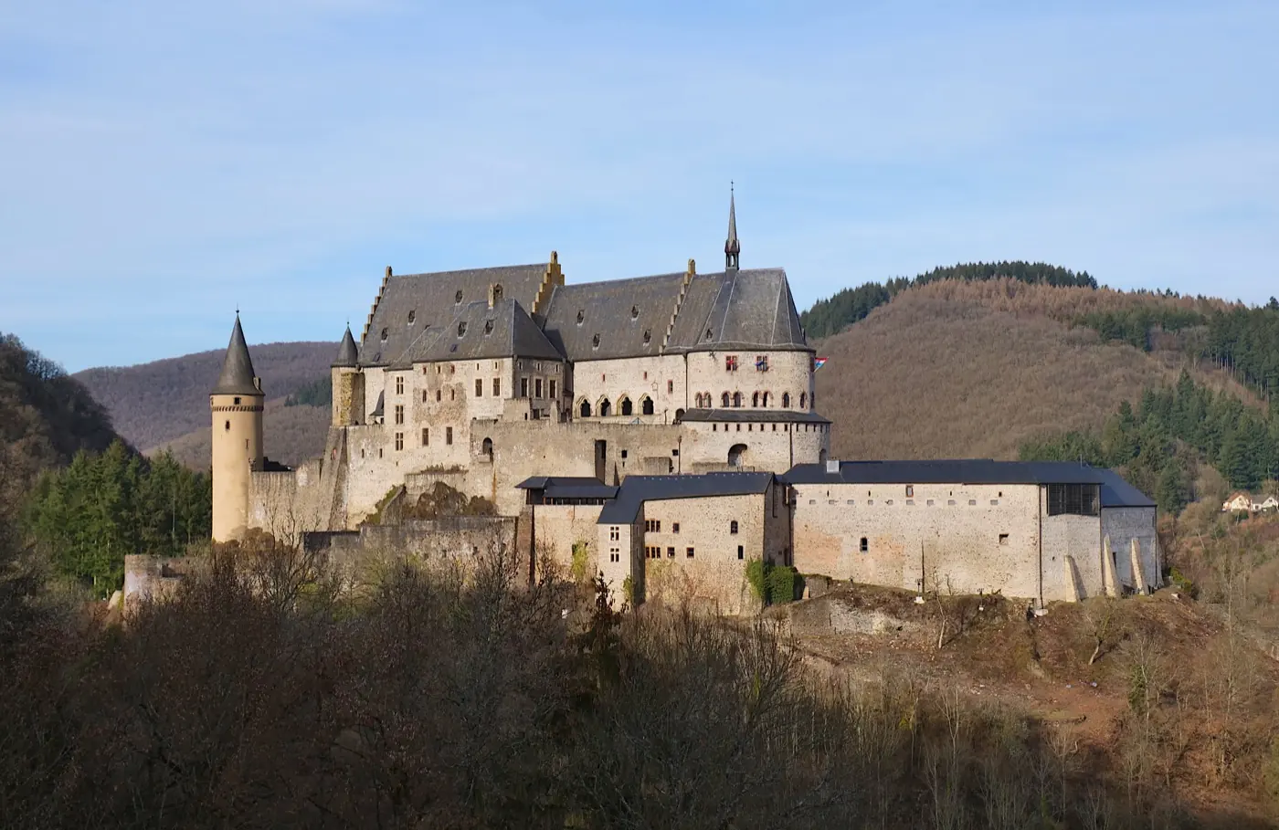 Historic facade and architectural details of Vianden Castle in Vianden, Luxembourg