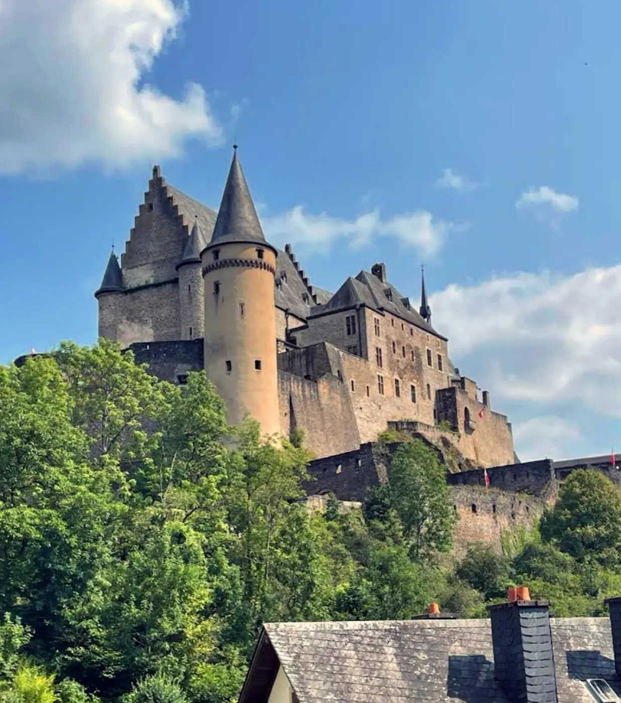 Main exterior view of Vianden Castle, a grand castle in Vianden, Luxembourg