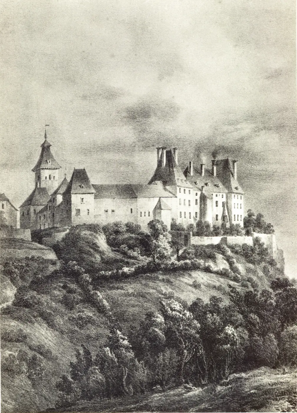Approach to Wiltz Castle showing its setting in Wiltz, Luxembourg