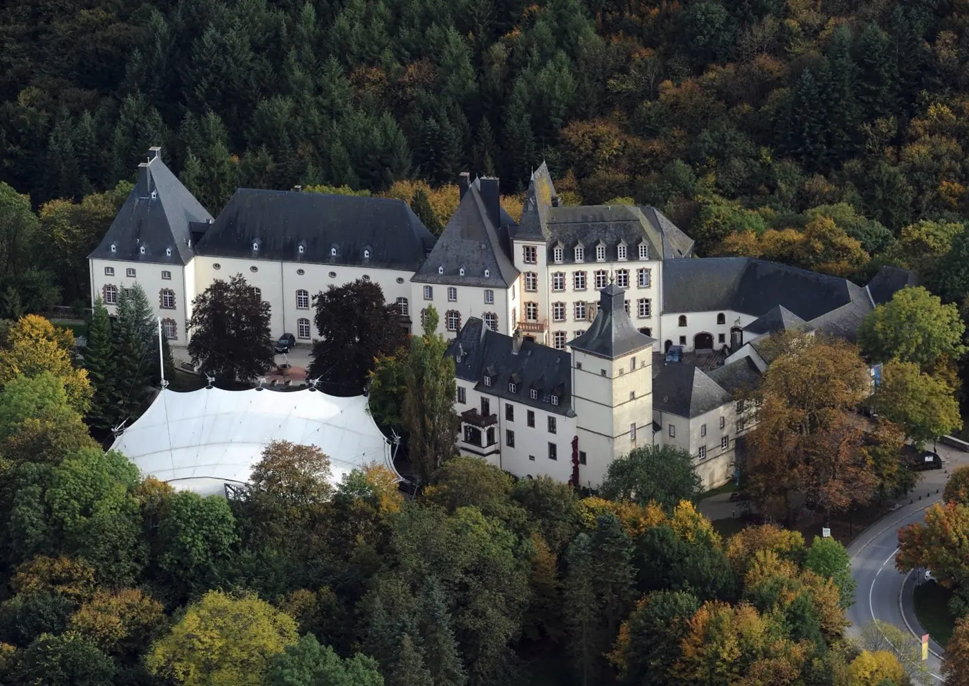 Stonework and visitor view of Wiltz Castle, a grand castle in Wiltz, Luxembourg
