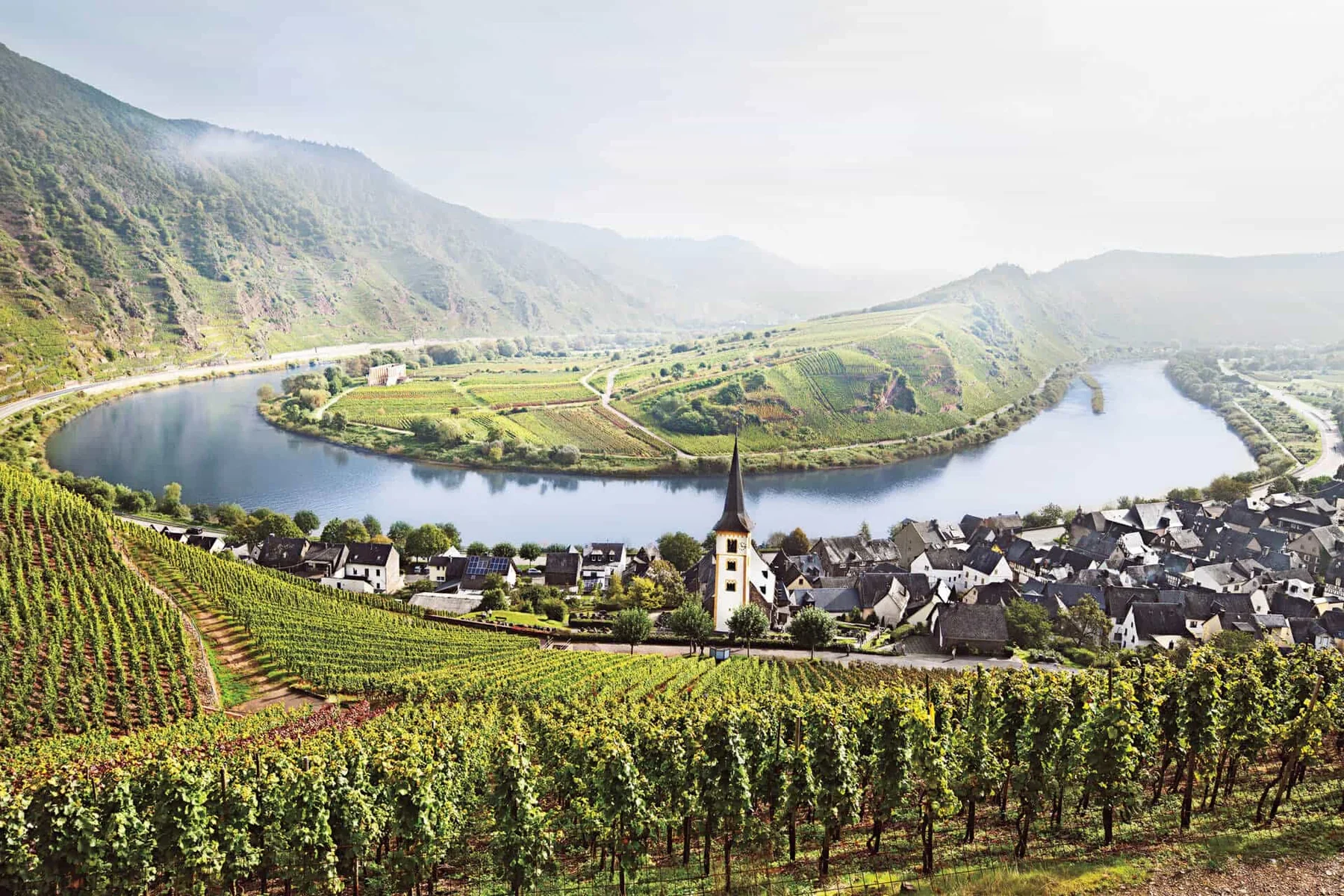 Moselle River bend surrounded by steep vineyards